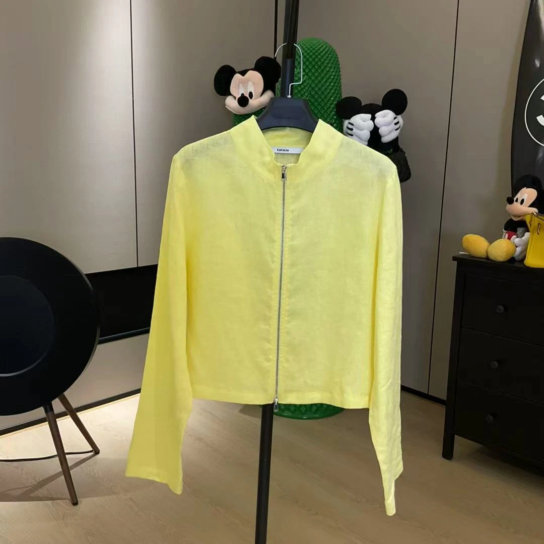 【劉發發】Q010【黄色快乐天使套装】时尚百搭立领短款亚麻套装