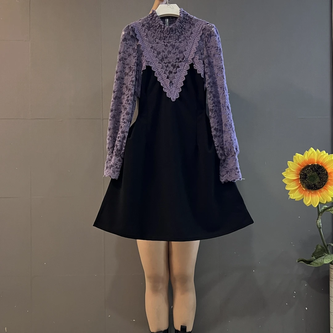 秋季新款法式复古蕾丝拼接遮肚显瘦气质百搭中长款连衣裙