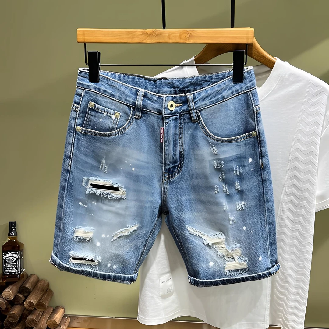 夏季个性牛仔短裤男潮牌五分裤时尚中裤休闲5分马裤弹力欧美破洞