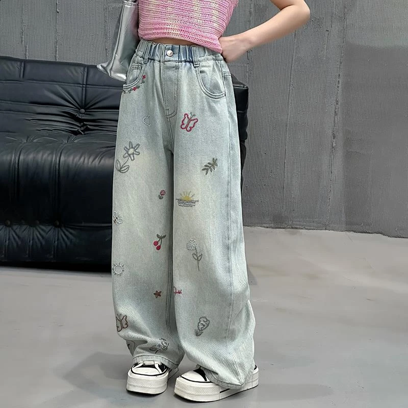 FAVMARTHA女童阔腿牛仔裤夏季2025新款儿童裤子薄款女大童夏装直