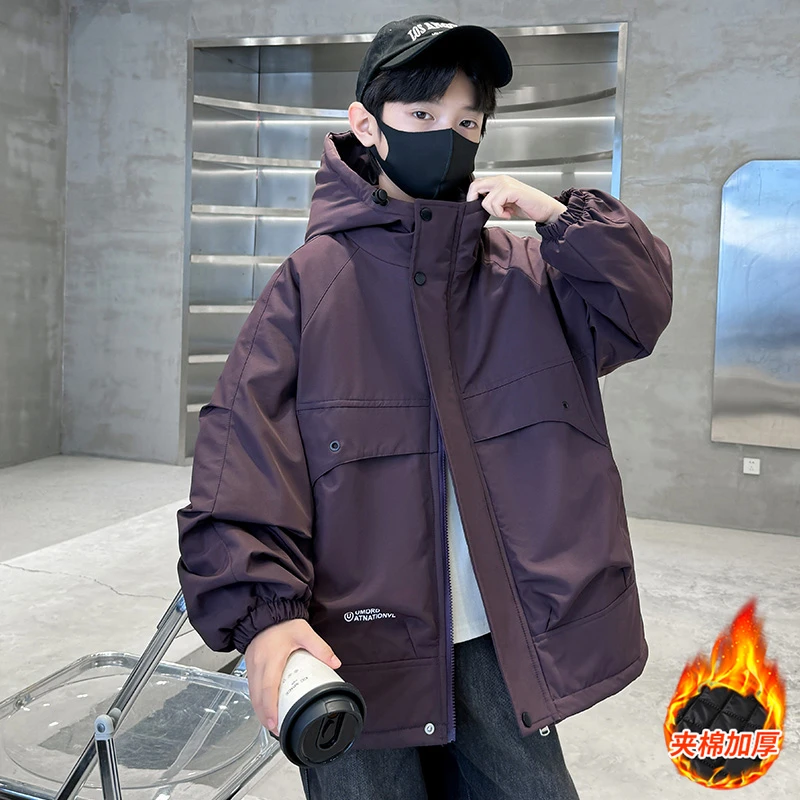 男童夹棉外套秋冬款2025新款二棉加厚男孩冬季儿童休闲工装冲锋衣