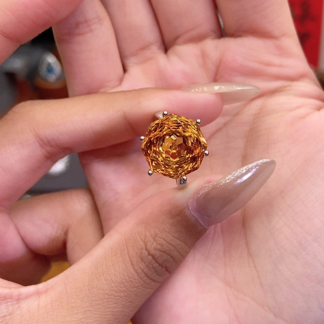 银S925镶嵌戒指水晶巴西特号色玫瑰切12ct