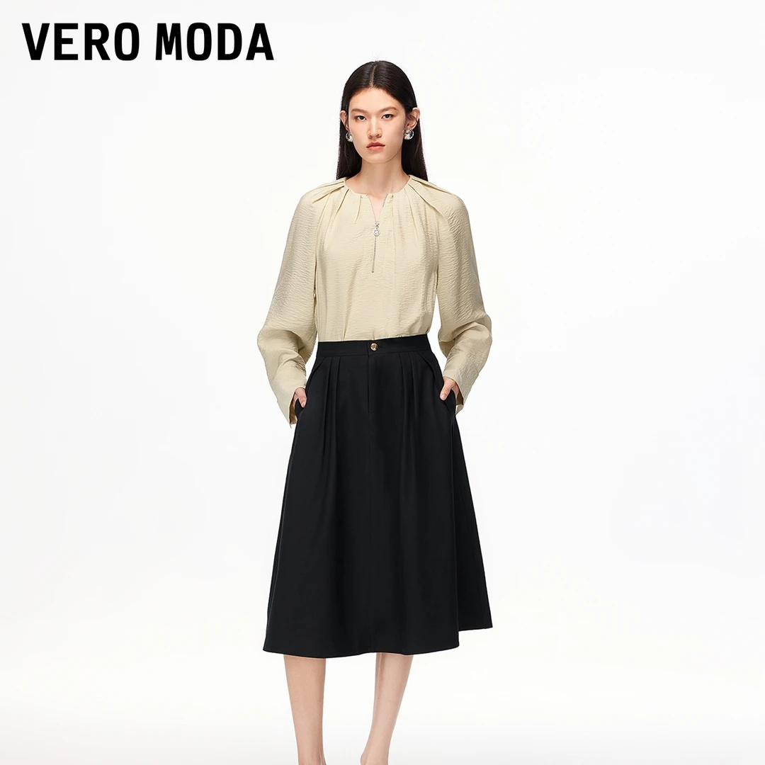 Vero Moda半身裙2025秋季新款立体压褶中腰A摆中长裙325316009