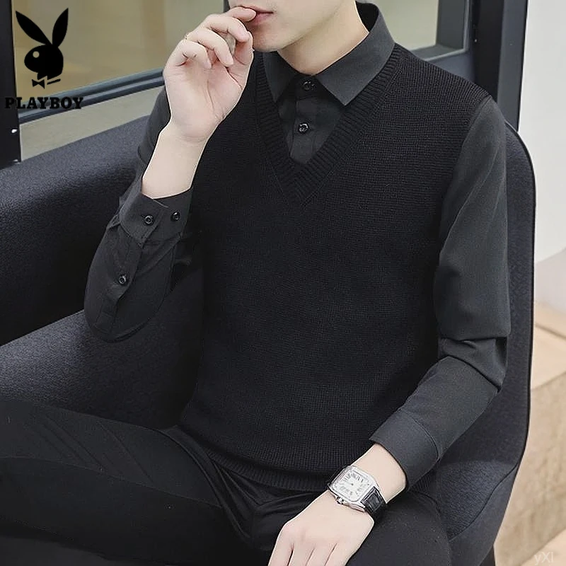 PLAYBOY花花公子男士毛衣针织衫休闲潮流韩版秋冬长袖打底衫加绒