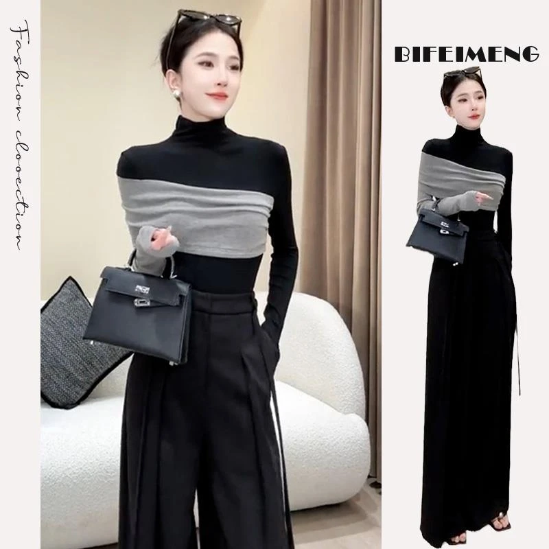 黑色法式高领小众设计感内搭打底衫女2025新款秋冬季修身t恤上衣