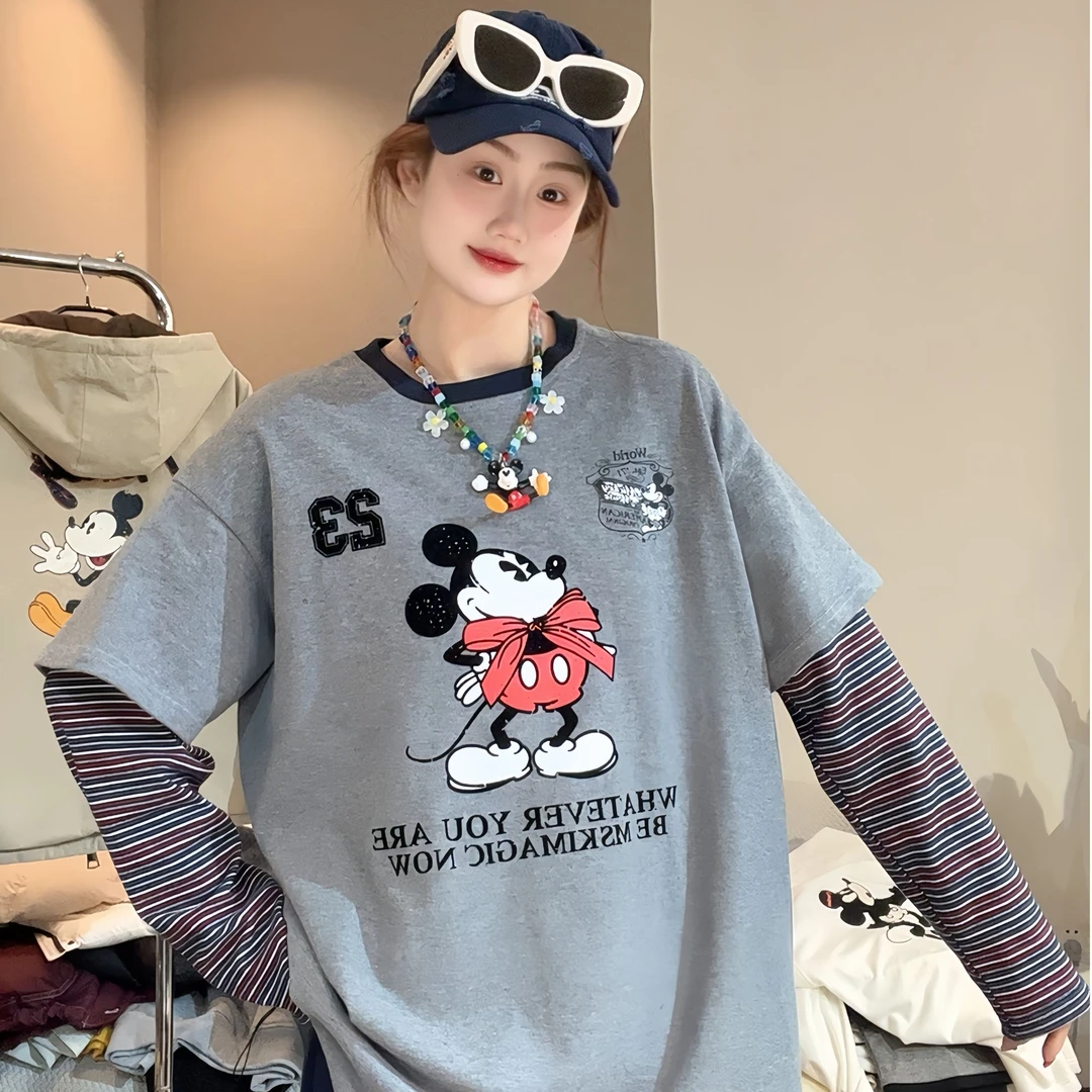 【FANG方方】韩版东大门2024秋冬字母印花拼接袖T恤时尚百搭上衣