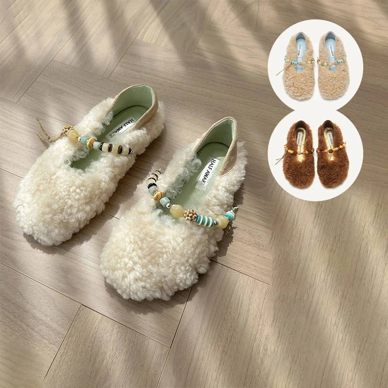 现货HALFAWAKE羊羔毛手工串珠羊毛玛丽珍鞋2025秋冬新款毛毛鞋