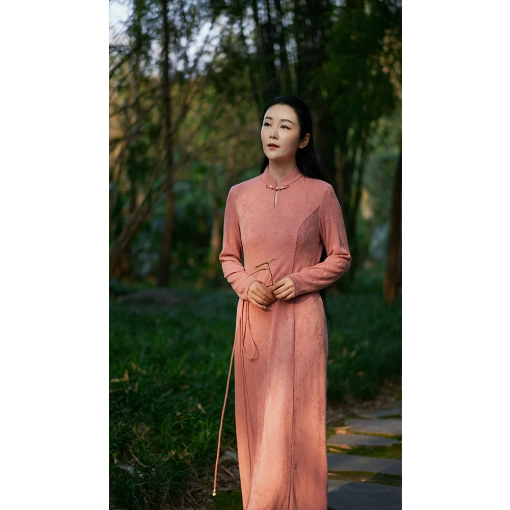 【鸢羽梦】春季新中式纯色气质优雅显瘦日常长款连衣裙