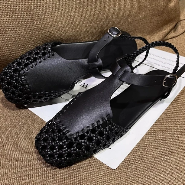 梅家2025新款法式手工编织镂空平底凉鞋