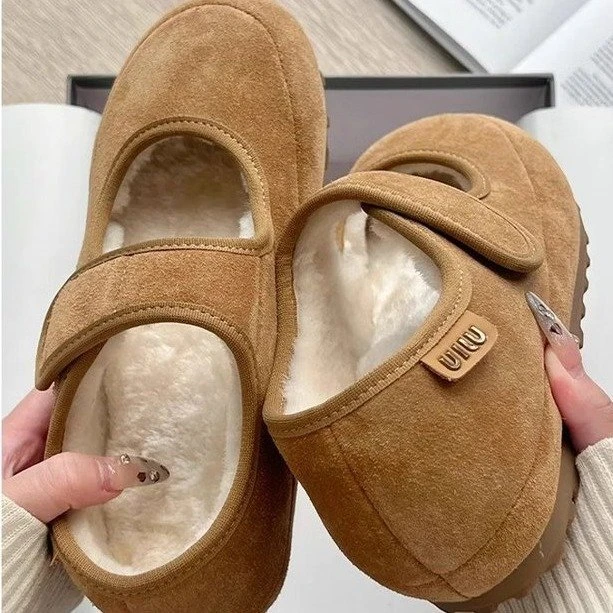 【阿蔓诺】跟高4cm玛丽珍鞋毛毛鞋绒面魔术贴加绒保暖休闲棉鞋冬