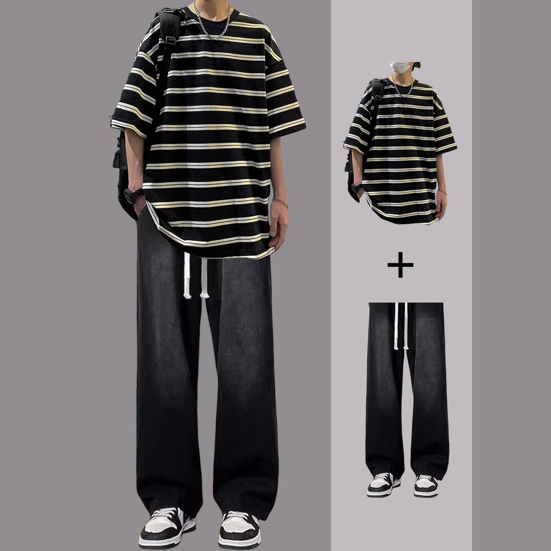 夏季纯棉条纹t恤套装男生美式潮牌ins短袖搭配痞帅气牛仔裤两件套