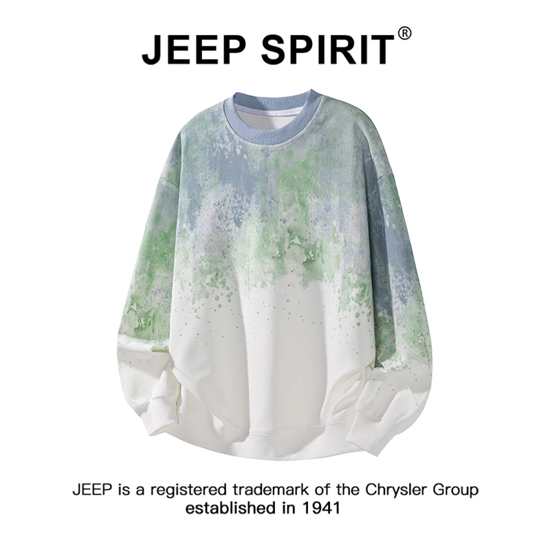 JEEPSPIRIT吉普扎染渐变潮流圆领卫衣男秋季新款美式休闲长袖T恤