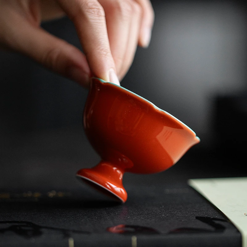 弥言故宫红陶瓷品茗杯家用中式高足茶杯单杯个人专用主人杯喝茶杯