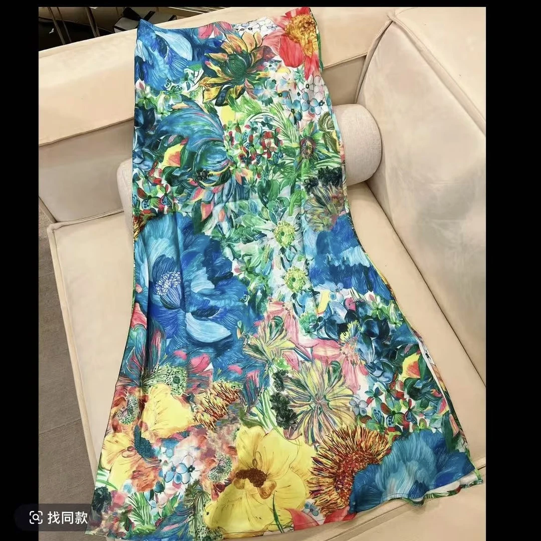 含香服饰【深海花卉】设计感斜裁松紧腰侧开衩显瘦半身裙