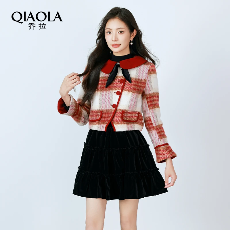 QIAOLA/乔拉【红桃热恋】秋冬格纹毛呢翻领斜门襟百搭显瘦外套