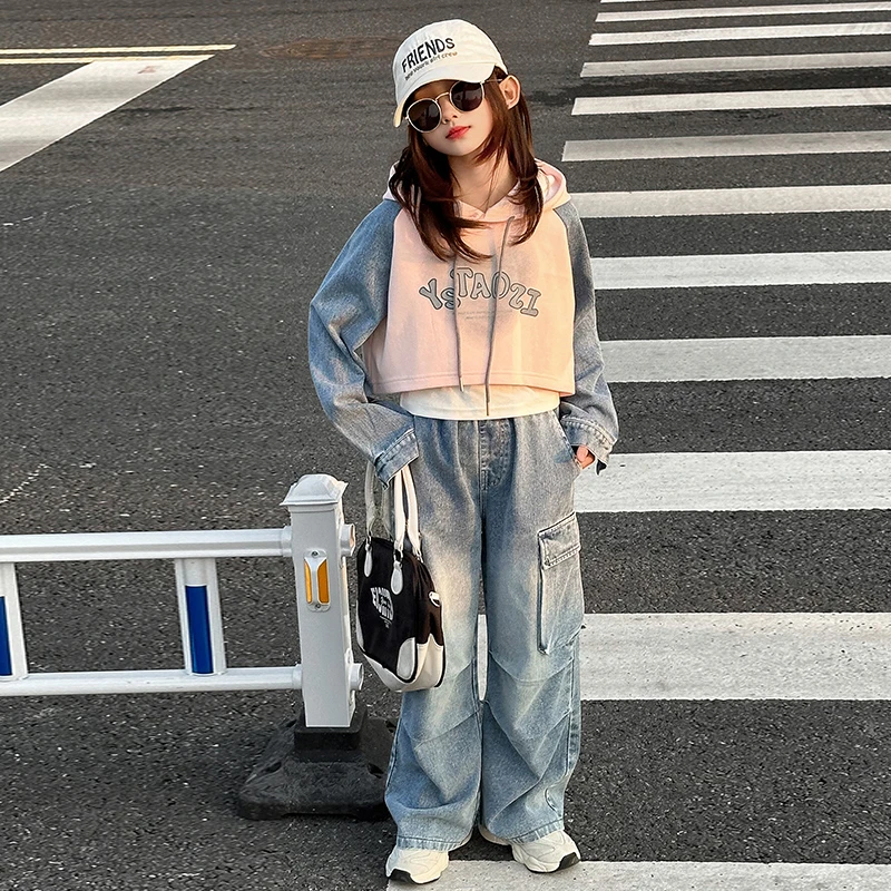 女童工装裤套装春装2025新款儿童春季洋气时髦大童女孩牛仔三件套