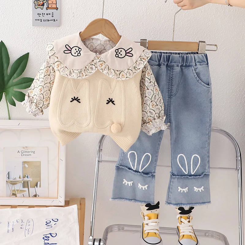 童装春季儿童服装女孩衣服春秋儿童套装娃娃领小兔子女童三件套洋