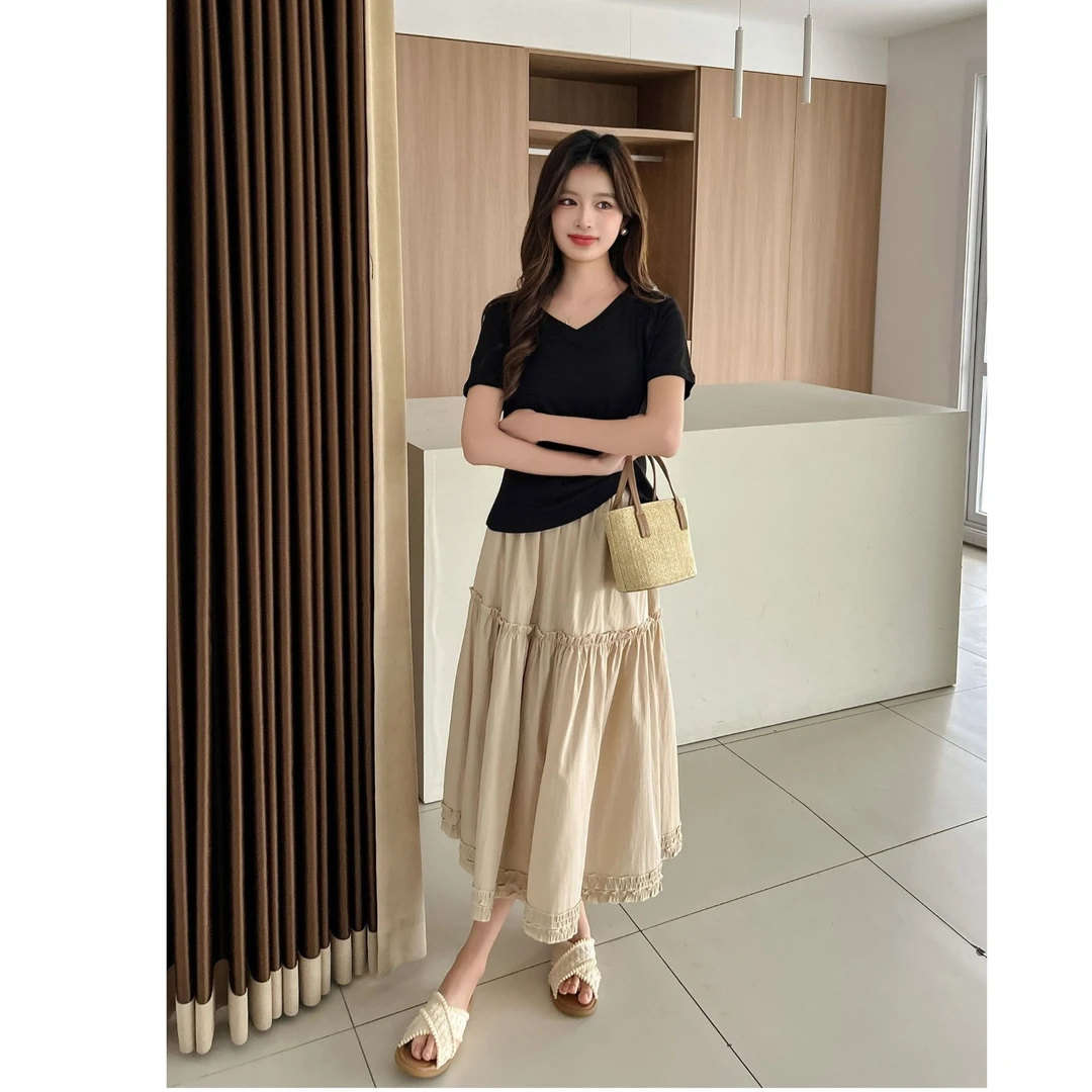 甜美风白色木耳边半身裙女夏季新款高腰显瘦a字裙中长款垂感伞裙