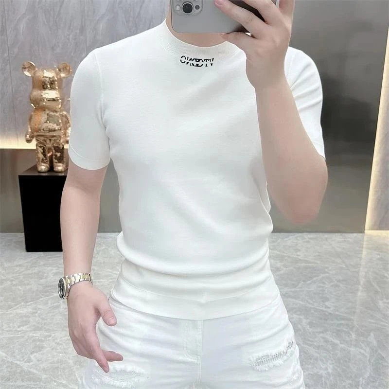 美系春夏新款圆领经典时尚百搭潮流圆领针织半袖轻奢男士休闲上衣