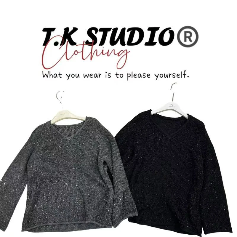 T.K<银河闪耀>梦幻风格V领针织衫时尚亮片上衣宽松设计！