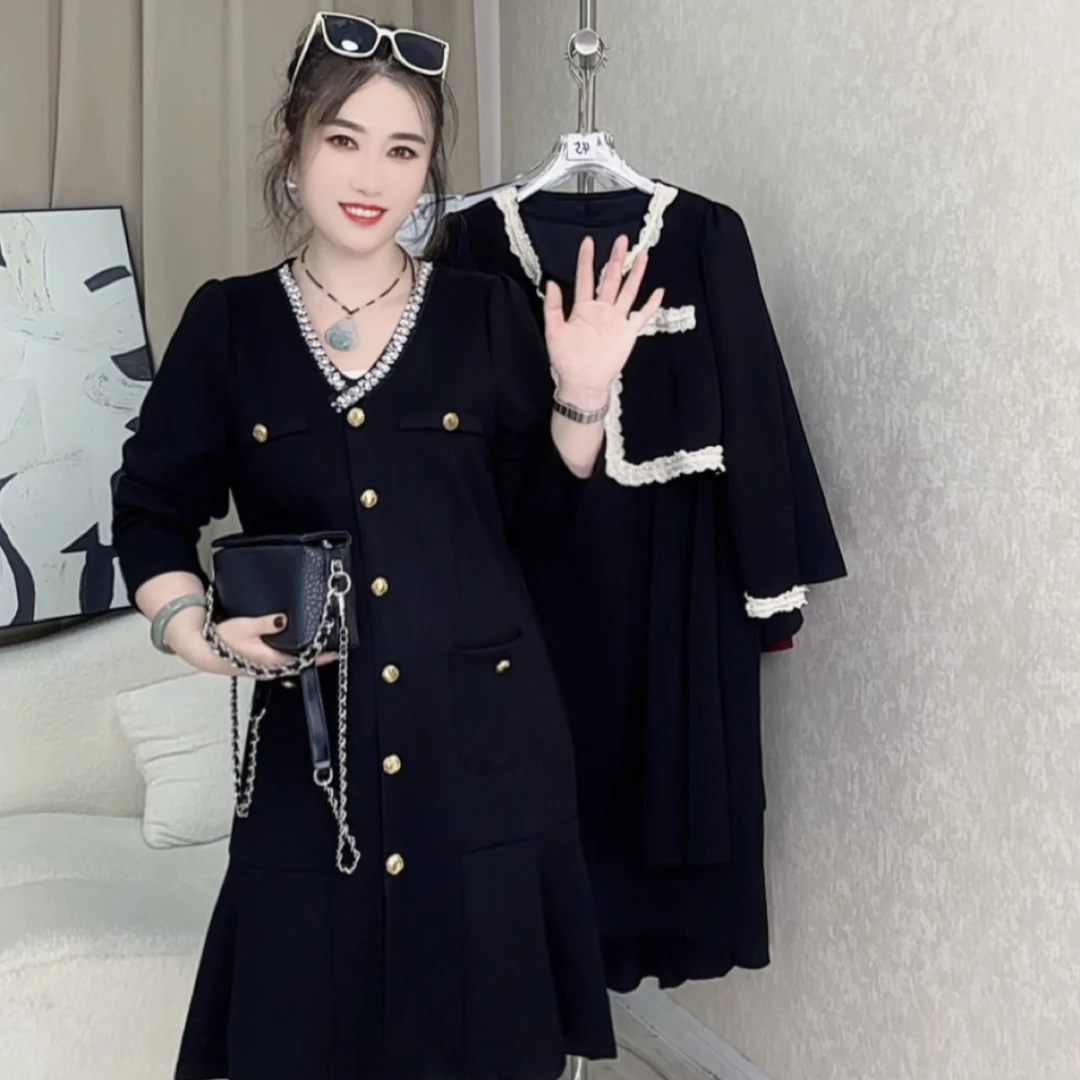 高级黑时尚气质长袖显瘦修身重工钉珠V领小香风连衣裙