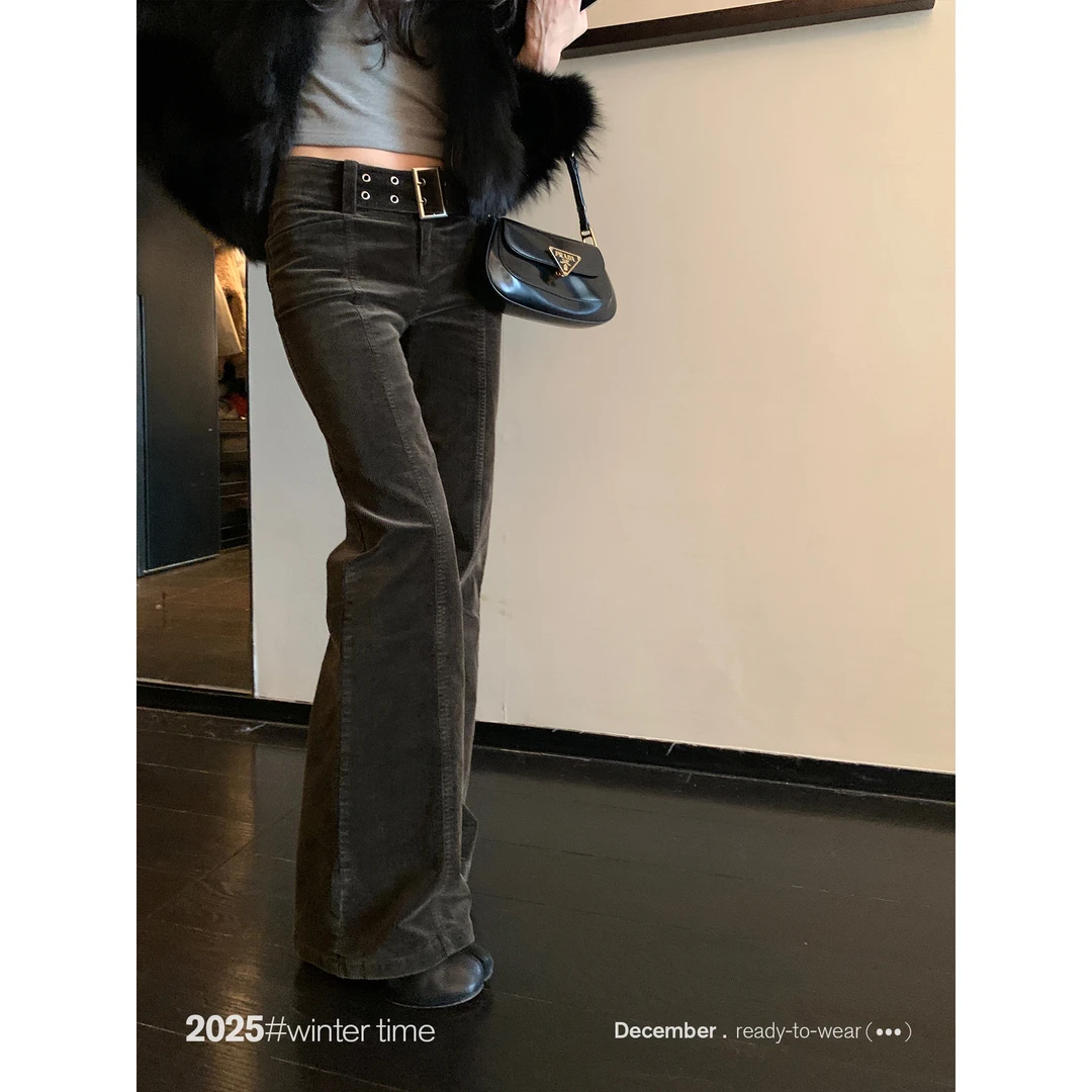 SUNONEONE 假腰带低腰水洗灯芯绒休闲裤女冬修身直筒长裤子H1708K