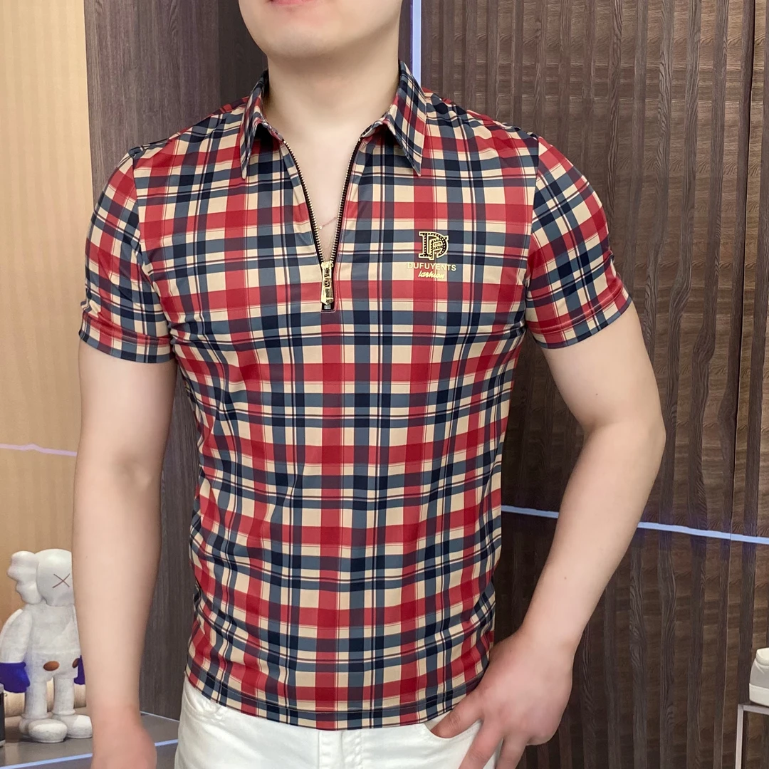 2025夏赤炎格纹Polo衫休闲百搭时尚夏季半袖潮流修身翻领高品质