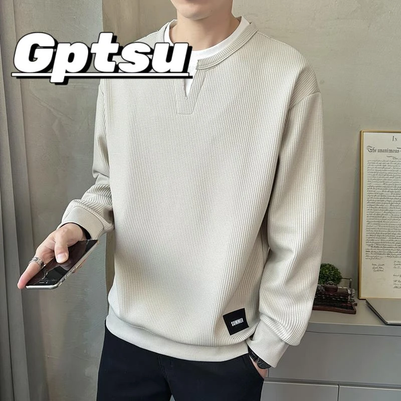 GPTSu卫衣男士春秋季2025新款薄款宽松圆领假两件长袖T恤装打底衫