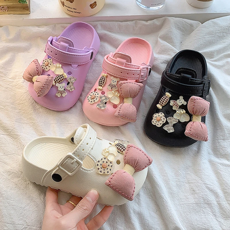 女童凉拖鞋两穿洞洞拖鞋夏季新款包头外穿沙滩度假蝴蝶结厚底女孩