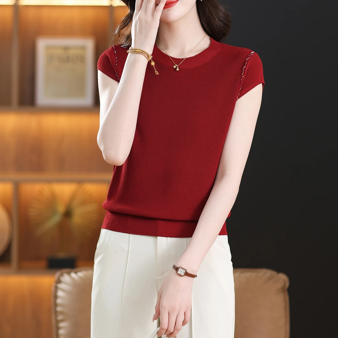 2025夏季新款冰丝短袖t恤女士洋气宽松显瘦漂亮亮片针织上衣体恤T