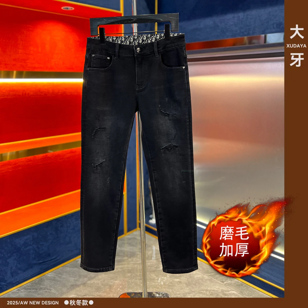 【大牙】162#黑灰色假破洞牛仔裤2025秋冬加厚破洞补丁修身小直筒