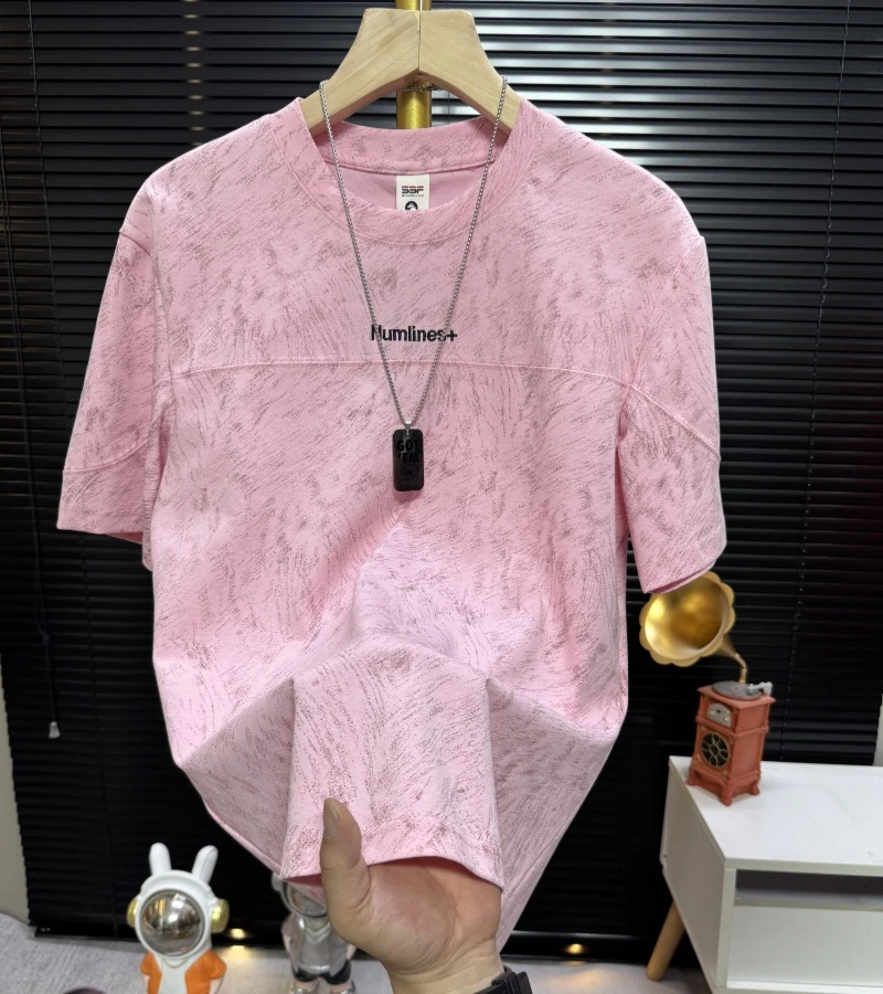 男士2025夏季拼接休闲短袖男刺绣青春透气百搭扎染圆领t恤