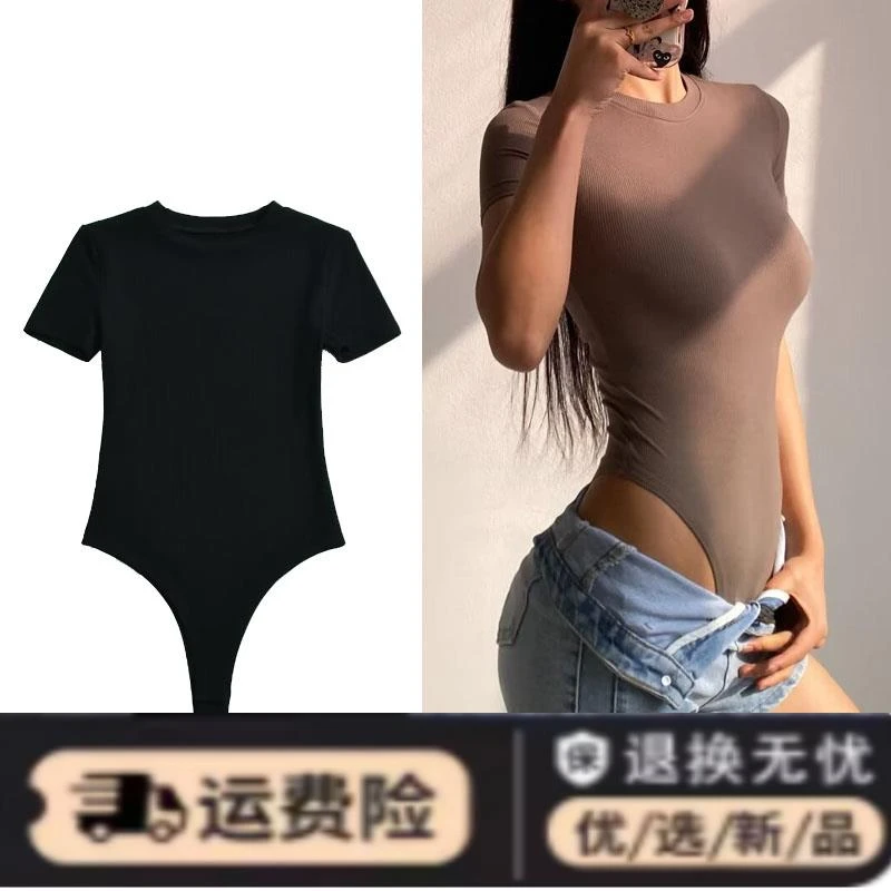 辣妹小圆领连体衣短袖t恤女春夏季弹力紧身性感勒阴连裆打底上衣