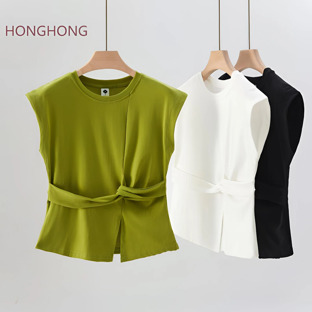 法式减龄短袖圆领T恤女夏季气质显瘦半袖时尚百搭纯色设计感t恤