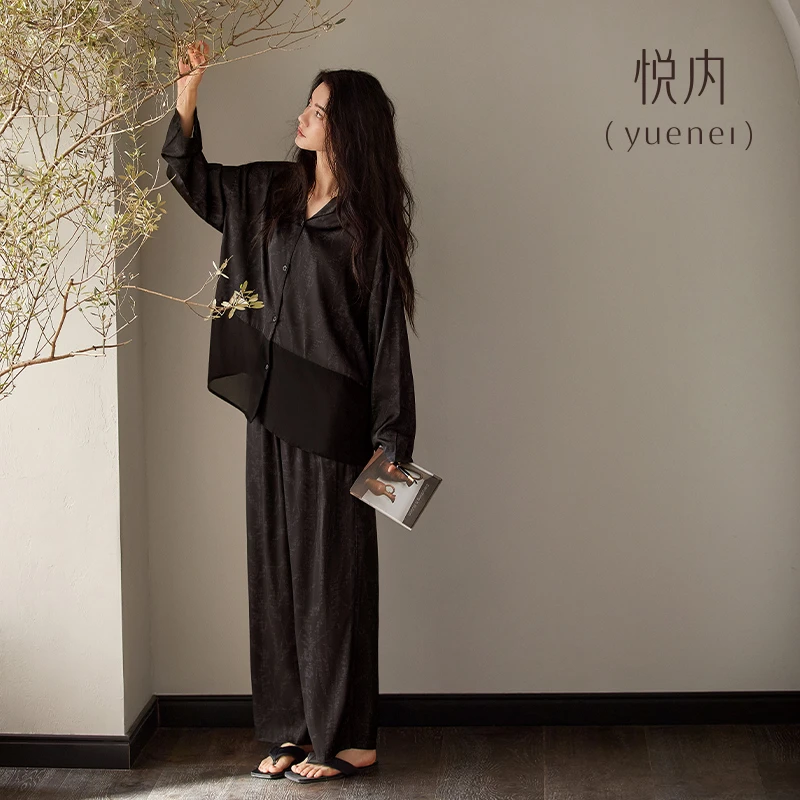 悦内睡衣女款春秋季秋天长袖冰丝绸薄款夏季家居服黑色轻奢高级感