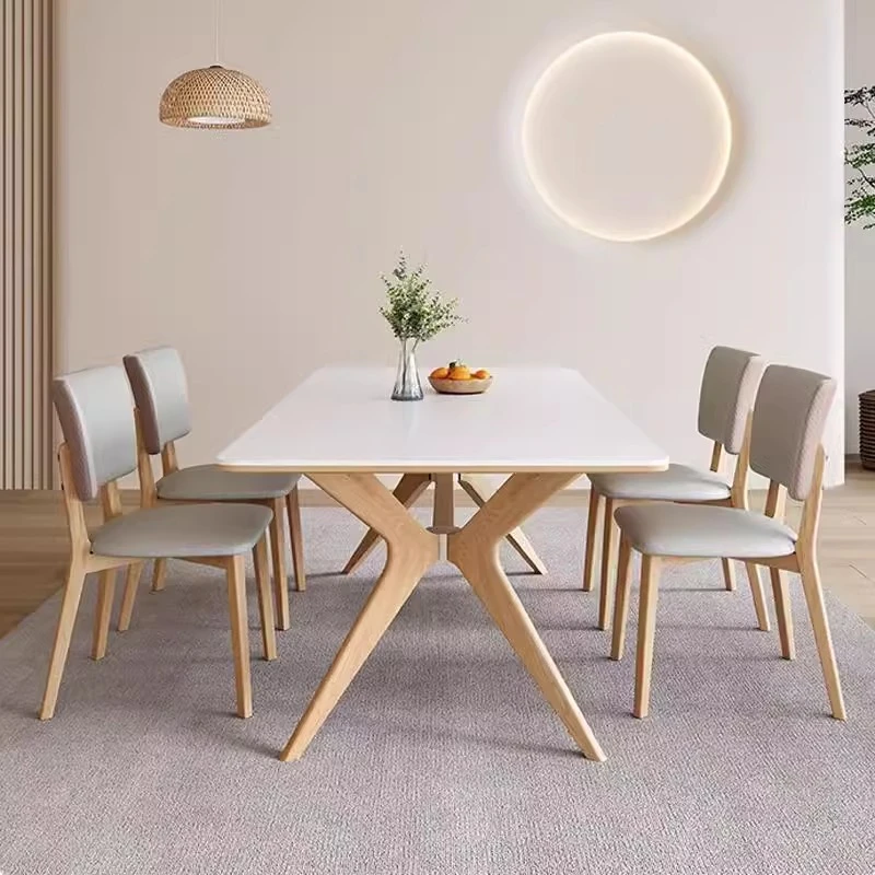 胡桃色实木岩板长方形餐桌家用小户型轻奢极简北欧风餐桌椅组合