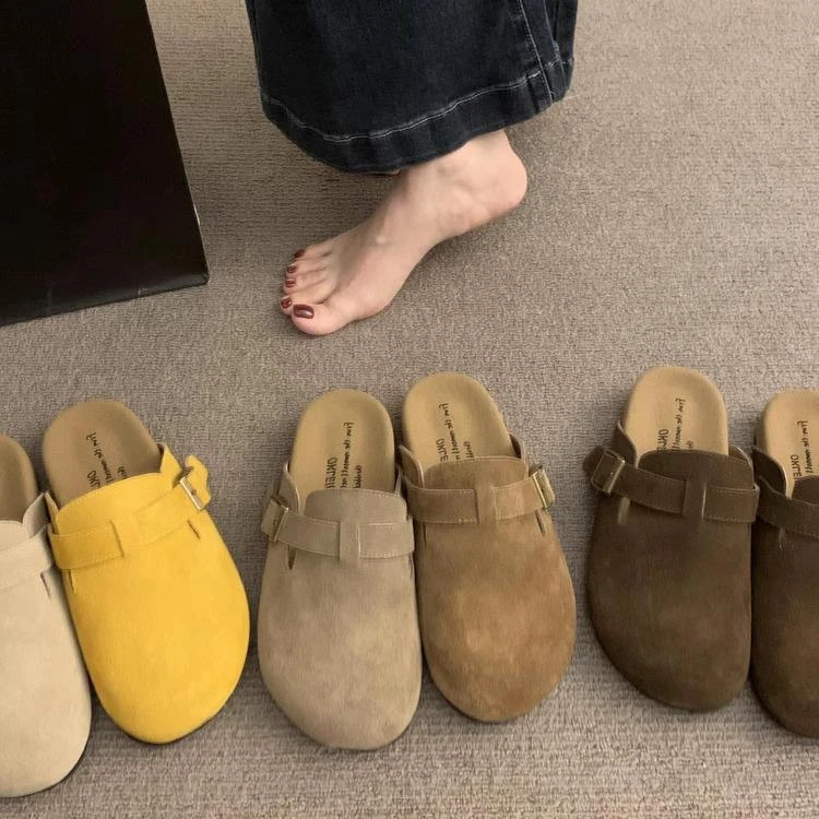 法式厚底勃肯鞋女鞋子秋冬季新款一脚蹬复古包头半拖棉鞋