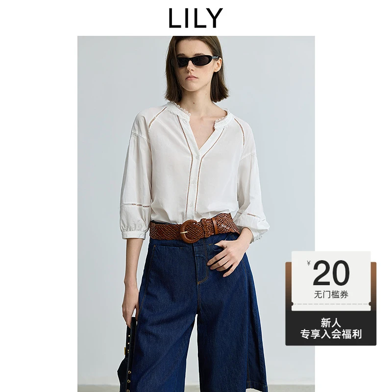 LILY2025秋新款莱赛尔亚麻法式V领蕾丝休闲衬衫外套女125309C4946
