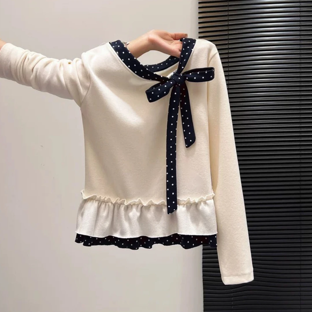 蝴蝶结波点小香风复古波点假两件叠穿裙摆娃娃衫甜美减龄洋气T恤