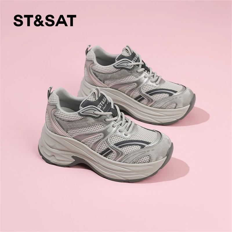 星期六网面运动鞋女轻便厚底增高2025秋季新款时尚百搭软底老爹鞋