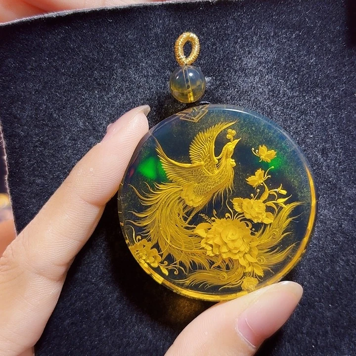 蓝珀未镶嵌珠宝奇石墨西哥蓝珀凤穿牡丹