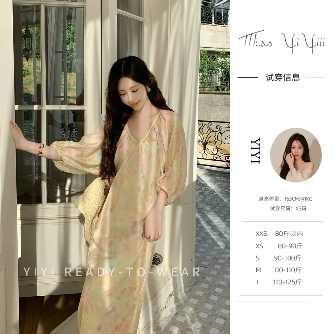 【莫奈花园】<YiYiii>小个子复古宽松连衣裙深V连袖遮胯显瘦裙子