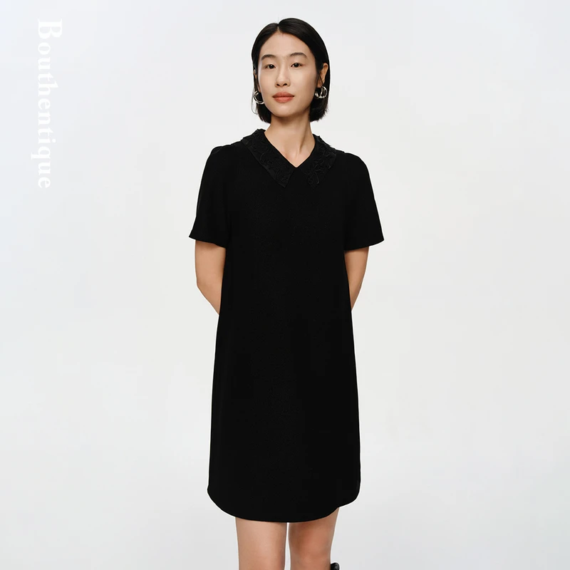 Bouthentique三醋酸泡泡短袖可拆卸蕾丝领连衣裙225131D1A23