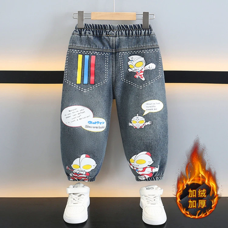 奥特曼男童加绒裤子秋冬装加厚一体绒牛仔裤2025新款衣服儿童长裤