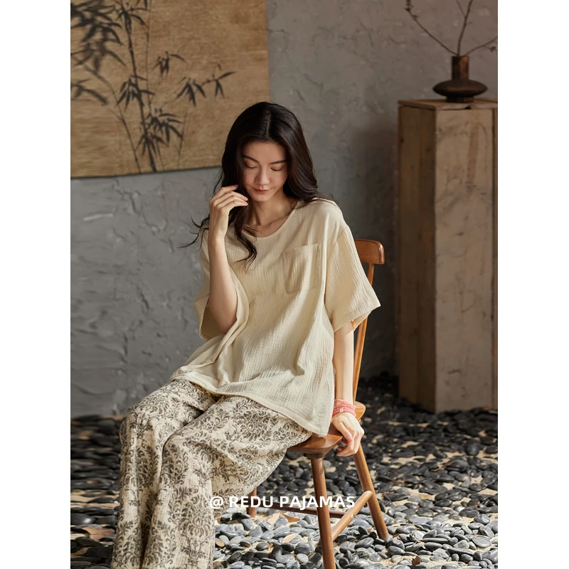 热妒夏季睡衣女纯棉纱布短袖长裤带胸垫可外穿薄款家居服套装