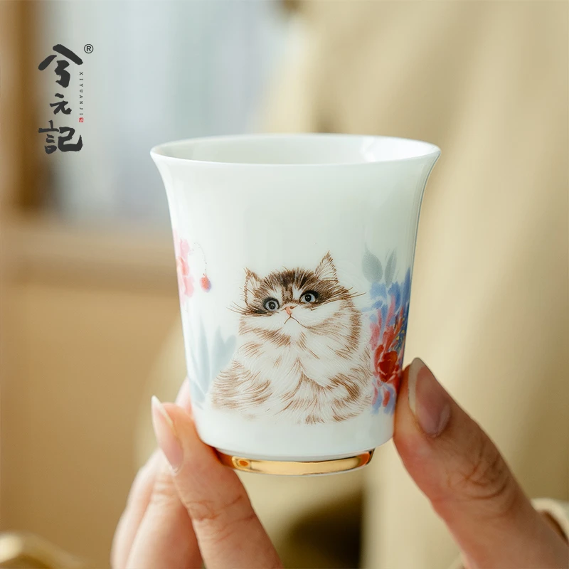 兮元记羊脂玉瓷陶瓷茶杯描金主人杯单杯个人专用品茗杯猫咪闻香杯