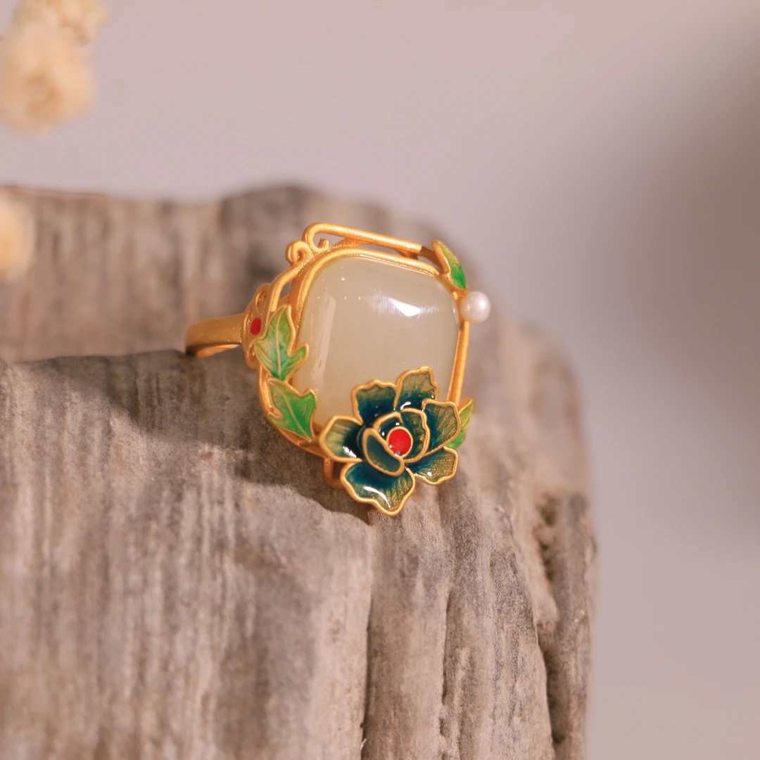 ZX38-925银镶和田玉方形珐琅花开富贵戒指（16*16）（古法银）