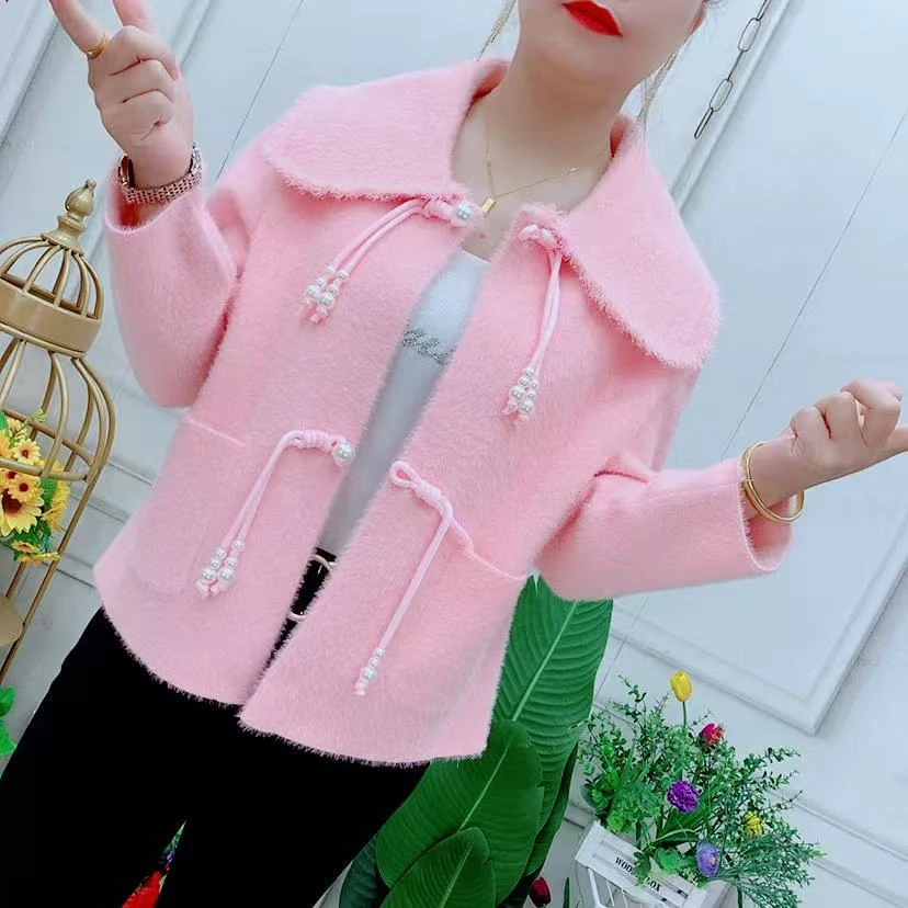 娃娃领流苏国风盘扣仿貂绒短款外套女2025针织显瘦时尚开衫上衣女