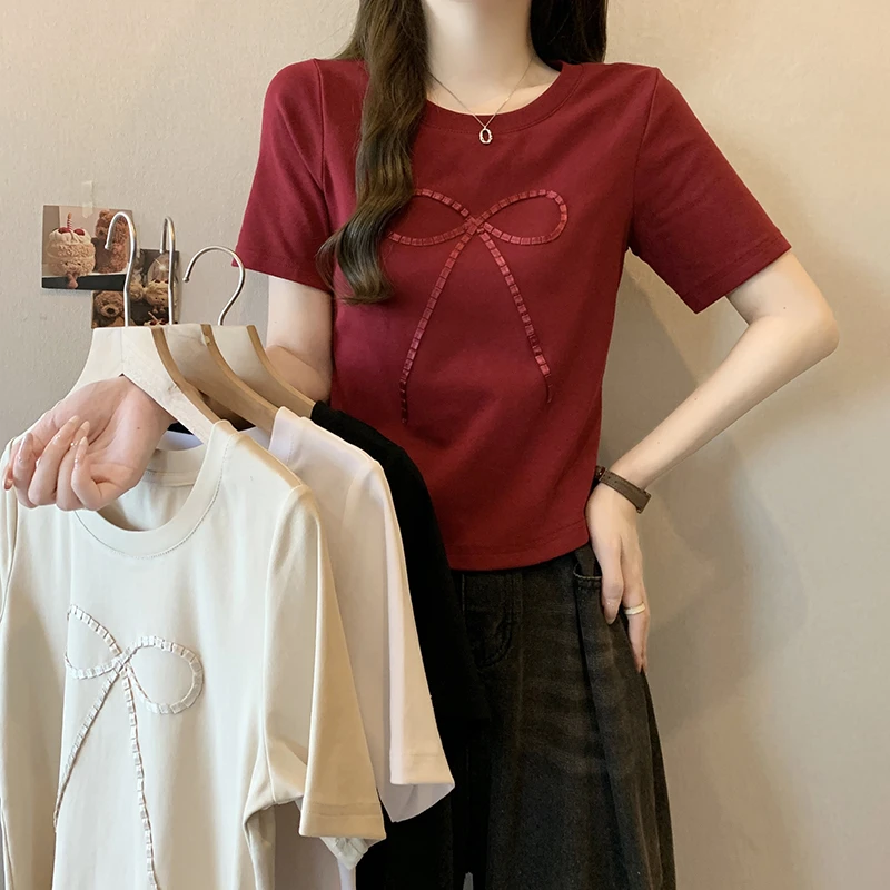 2025夏装新款胖mm大码女时尚百搭圆领蝴蝶结正肩短袖T恤