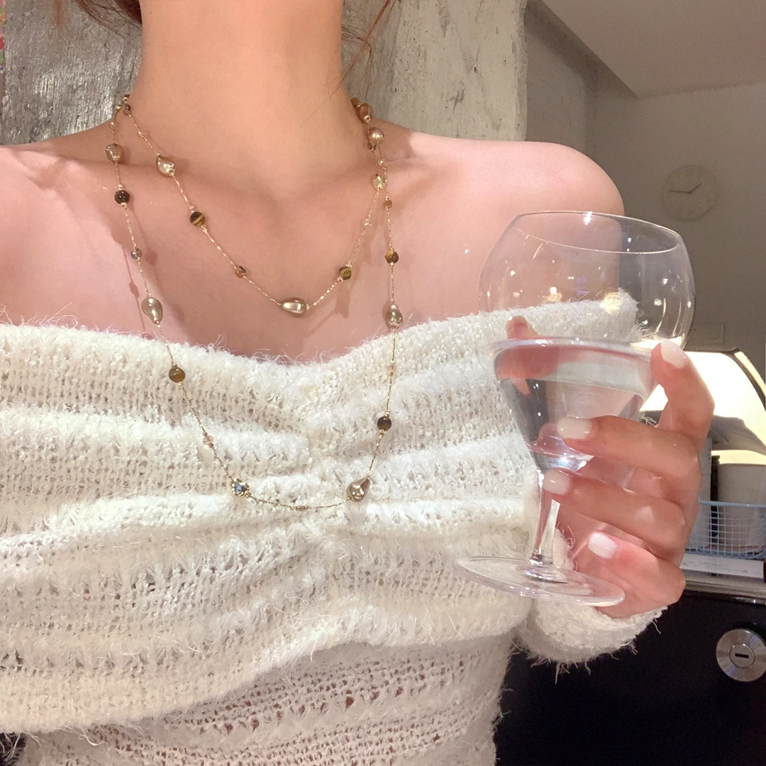 铜合金项链 长款不规则串珠项链女复古轻奢小众高级感叠戴毛衣链